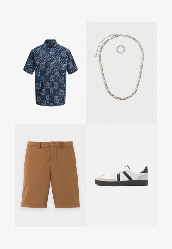 Chemise bleue à manches courtes et à boutons, ornée d’un motif géométrique blanc de fleurs et de feuilles disposé en motif de grille répétitif.; Shorts décontractés en coton marron avec passants de ceinture, poches latérales, fermeture par boutons et braguette zippée sur fond clair.; Baskets blanches avec des accents noirs et gris, présentant un embout texturé gris, une semelle en caoutchouc noir et des lacets plats blancs. Design épuré, style minimaliste.; Ensemble de bijoux en argent massif comprenant un collier à chaîne épaisse avec un fermoir à homard et une bague texturée assortie. Les deux pièces sont brillantes et métalliques.