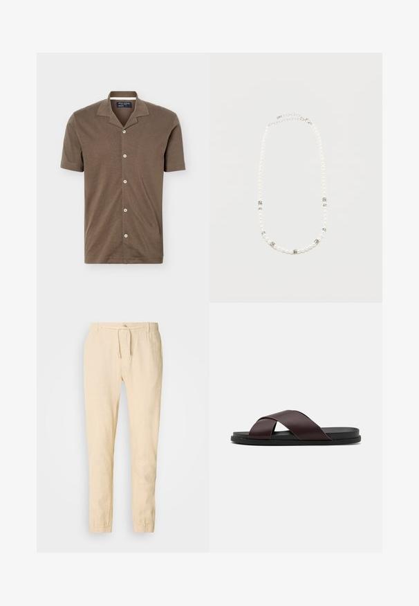 Chemise marron à manches courtes avec col de style campagnard, cinq boutons blancs sur le devant, et tissu doux au toucher.; Pantalons en lin beige clair avec taille à cordon, jambes fuselées et poignets élastiques. Design simple avec une texture subtile.; Sandale à glissière à lanières croisées de couleur marron, dotée d'une finition mate, d'une semelle noire plate et d'une texture lisse. Design minimaliste sans matériel visible.; Collier de perles blanches avec des intercalaires en strass argentés et un fermoir chaîne en argent, présenté sur un fond clair uni.