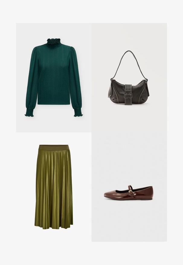 Donkergroene blouse met lange mouwen, een gestructureerd patroon, hoge gerimpelde kraag en elastische gerimpelde manchetten aan de mouwen.; Khaki groene geplooide midirok met brede elastische tailleband en gladde stoftextuur.; Bruine gepatineerde leren balletschoen met een vierkante neus en een bandje met een kleine gouden gesp. Gladde textuur, lage hak en minimalistisch ontwerp.; Zwarte leren schoudertas met gespsluiting aan de riem, afgeronde hoeken en contrasterende witte stiksels op een effen achtergrond.
