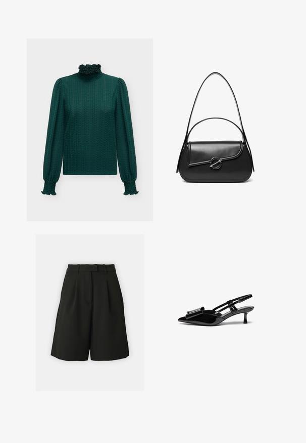 Donkergroene blouse met lange mouwen, een gestructureerd patroon, hoge gerimpelde kraag en elastische gerimpelde manchetten aan de mouwen.; Vero Moda Tall VMBECCA BERMUDA - Shorts - black; Zwarte gepatineerde lederen slingback hakken met een puntige neus, een strikdetail aan de voorkant en een kleine stilettohak. De bandjes hebben verstelbare gespen.; Zwarte leren schoudertas met een gebogen klep die is bevestigd met een ronde metalen sluiting en een smalle, verstelbare band.