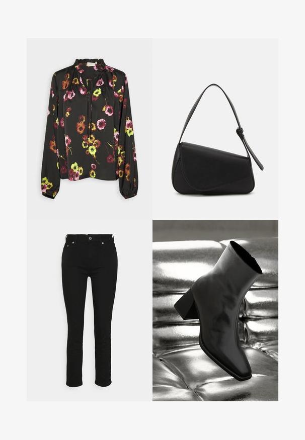 Blouse noire à manches longues avec impression florale multicolore, col à volants, détail de lien à l'avant et poignets froncés.; Jeans en denim noir au design slim fit, avec cinq poches, une fermeture à bouton et des finitions en métal argenté. Texture lisse et coupe droite.; Botte noire à la cheville en matériau brillant avec un bout carré et un talon effilé, sur un fond argenté brillant et capitonné.; Sac à main en cuir noir de forme triangulaire, avec un rabat incliné et une poignée supérieure arrondie. Il présente une texture lisse et des détails de design minimalistes.