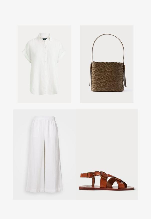 Camisa blanca de manga corta con botones, confeccionada en lino. Presenta un cuello clásico, mangas remangadas y un corte holgado para mayor transpirabilidad.; Pantalones de lino blanco de pierna ancha con cintura elástica, que cuentan con dos bolsillos frontales y una tela ligera y texturizada.; Sandalia de cuero marrón con un diseño de tiras horizontales y circulares, suela plana y un acento de hebilla metálica, que muestra una textura lisa.; Bolso marrón tejido con forma estructurada, base plana y una sola correa curva para el hombro. Presenta un logo metálico en la parte frontal.