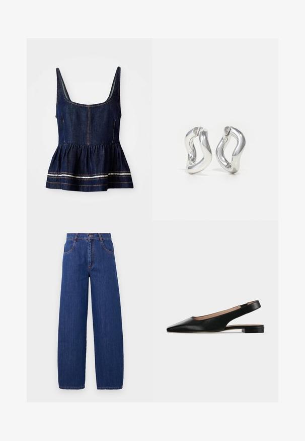 Denim peplum-top in donkerblauw met een vierkante halslijn. Kenmerkt een geplooide onderkant met witte accentstiksels en gouddraaddetails.; Wijd-uitlopende blauwe denim jeans met een hoge taille, uitgerust met voorzakken en oranje stiksels. De stof heeft een gladde textuur met een klassieke afwerking.; Zwarte leren slingback platte schoen met spitse neus en lage vierkante hak op een witte achtergrond.; Zilveren oorbellen met een gedraaid ontwerp. Afgeronde randen en een glanzende afwerking. Open sluitingen voor gemakkelijk dragen. Soepele textuur over het geheel.