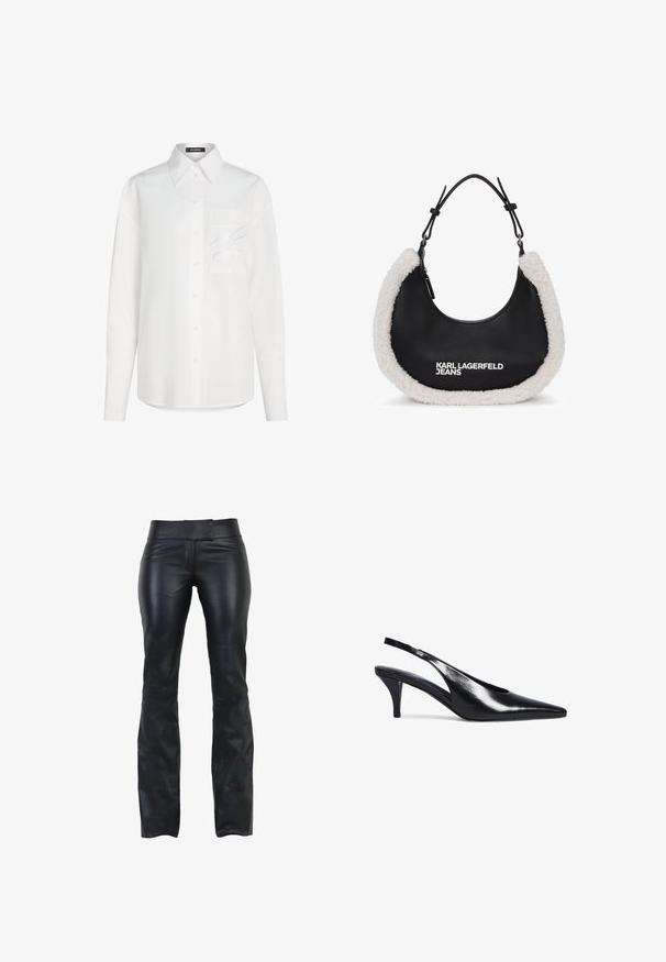 Hvid langærmet skjorte med knapper, spids krave og brystlomme med diskret broderet motiv.; Sorte læderbukser med slim fit, flad talje og udskæring i bunden. Glat tekstur og minimalistisk design uden synligt hardware.; Sort patenteret læder slingback pumpe med spids tå og lav kitten hæl på hvid baggrund.; Sort håndtaske med blød, hvid imiteret pelskant, med en rund form og en lynlås lukning. "KARL LAGERFELD JEANS" logoet er tydeligt vist.