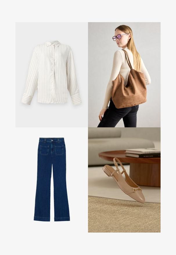 Witte blouse met lange mouwen en dunne beige verticale strepen, knoopsluiting aan de voorkant en een klassieke kraag. Brede manchetten met een bijpassend streeppatroon.; Donkerblauwe denim flared jeans met een gladde textuur, vijf zakken en een knoopsluiting aan de taille.; Beige leren slingback platte schoen met gouden gespdetail, zwevend in de lucht boven een geweven vloerkleed, houten salontafel en gestapelde boeken op de achtergrond.; Bruine suède totebag met zachte textuur, grote opening en lange hengsels. Het heeft een eenvoudig ontwerp met zichtbare stiksels en geen hardware.