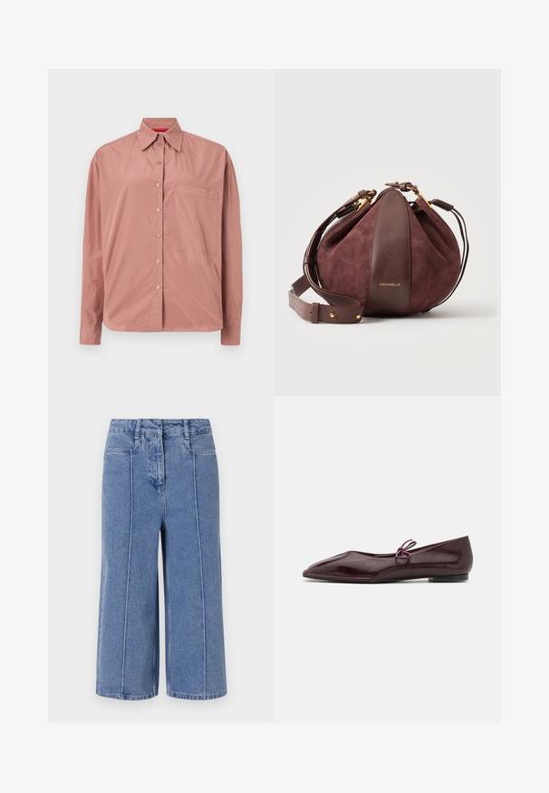 Camisa de manga larga y con botones en rosa polvo, fabricada con una tela suave. Presenta un bolsillo en el pecho y un cuello estructurado. Los botones son del mismo color.; Pantalones culottes de mezclilla azul claro con un diseño de pierna ancha, que cuentan con bolsillos delanteros y traseros, y costuras prominentes a lo largo de las costuras.; Bailarinas de cuero sintético burdeos con puntera puntiaguda y un lazo decorativo morado en el empeine; diseño de suela plana.; Bolso de mano redondo en ante y cuero marrón oscuro con asa de hombro ajustable y herrajes en tono dorado, con la marca «Coccinelle» en el panel frontal.