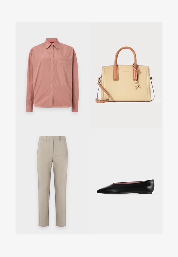 Chemise à manches longues boutonnée en rose poussiéreux, en tissu lisse. Présente une poche poitrine et un col structuré. Boutons assortis en couleur.; MM by MaxMara EFFETTO - Pantalon classique - sand; Chaussure plate en cuir noir pour femme, avec bout pointu et petit talon, vue de côté sur un fond gris clair uni.; Sac à main en cuir beige et marron avec poignées supérieures, bandoulière amovible et breloque logo dorée à l'avant sur fond blanc.