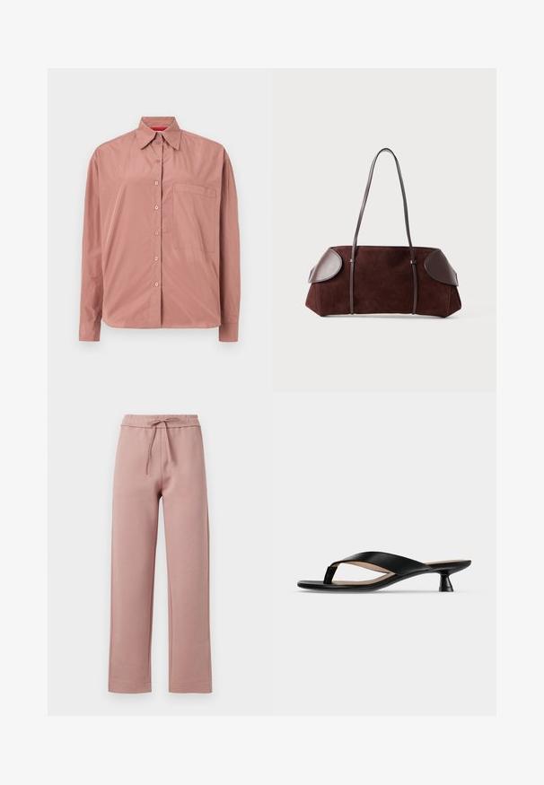 Camisa de manga larga y con botones en rosa polvo, fabricada con una tela suave. Presenta un bolsillo en el pecho y un cuello estructurado. Los botones son del mismo color.; Pantalones de chándal en suave tela rosa, con cintura con cordón, diseño de pierna ancha y dobladillo recto con sutiles detalles de costura.; Sandalia de cuero negra con tiras tipo tanga, tacón bajo de tipo kitten y puntera ligeramente cuadrada sobre fondo gris claro liso.; Bolsa de ante marrón con acentos de cuero, forma estructurada, doble strap para el hombro y bordes redondeados, con una textura suave y hardware minimal.