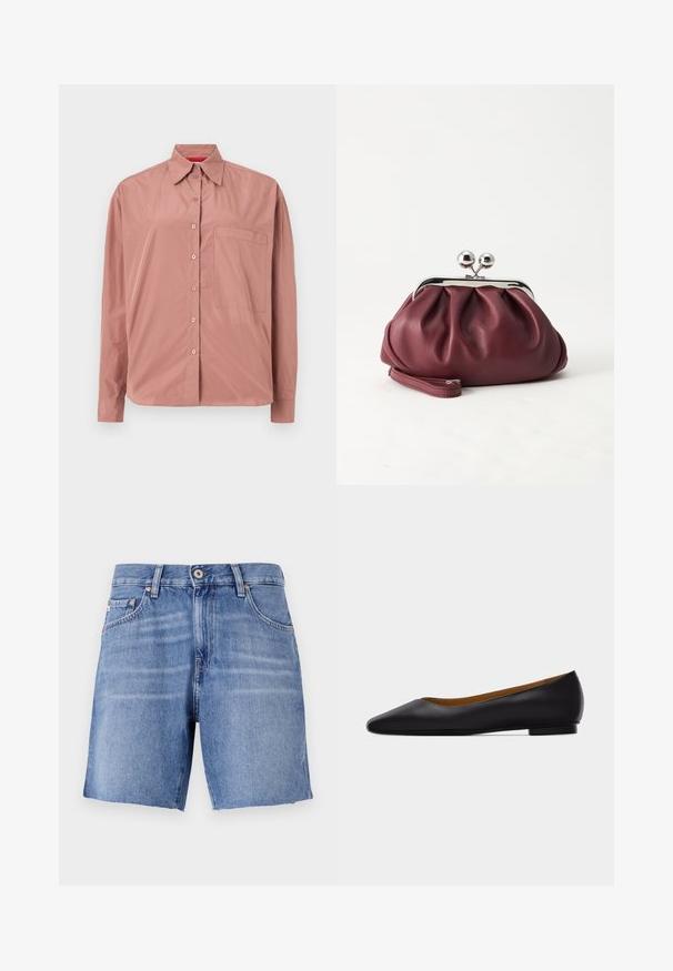 Chemise à manches longues boutonnée en rose poussiéreux, en tissu lisse. Présente une poche poitrine et un col structuré. Boutons assortis en couleur.; Shorts en denim bleu clair avec une coupe droite, ourlet effilé, cinq poches et fermeture à bouton métallique. Le tissu a une texture lisse avec un léger délavage.; Chaussure plate en cuir noir à bout pointu avec talon bas et finition lisse, vue de côté sur un fond gris clair.; Petit sac pochette en cuir bordeaux avec fermoir métallique argenté et bracelet sur fond blanc.