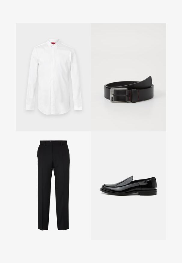 Chemise blanche à manches longues avec col pointu et patte de boutonnage cachée, présentée sur un fond clair uni.; Pantalons noirs en tissu, offrant une coupe ajustée, des jambes droites, des passants de ceinture, sans motifs ni embellissements visibles. Design classique.; Chaussure de ville noire en cuir brillant à enfiler, avec talon bas et bout arrondi, vue de côté sur fond blanc uni.; Ceinture en cuir noir avec une boucle en métal argenté et des accents de surpiqûres rouges, présentant une texture lisse et mate ainsi qu'un design classique.