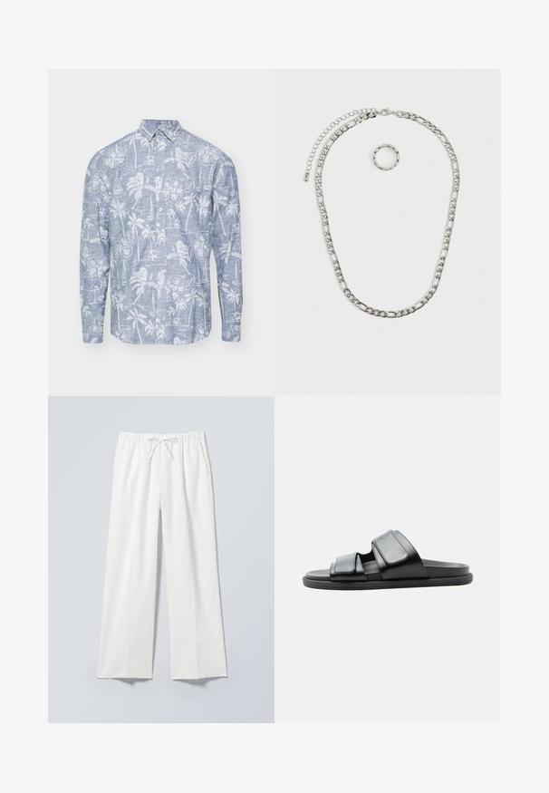 Chemise bleu clair à boutons, fabriquée en tissu texturé, ornée de motifs tropicaux blancs de fleurs, de palmiers et de voiliers.; Pantalon blanc à jambe large avec taille élastique et cordon de serrage, doté de poches latérales et d'un tissu lisse légèrement texturé.; Sandale noire à enfiler avec deux larges brides réglables et une semelle plate, vue de côté sur un fond clair.; Ensemble de bijoux en argent massif comprenant un collier à chaîne épaisse avec un fermoir à homard et une bague texturée assortie. Les deux pièces sont brillantes et métalliques.
