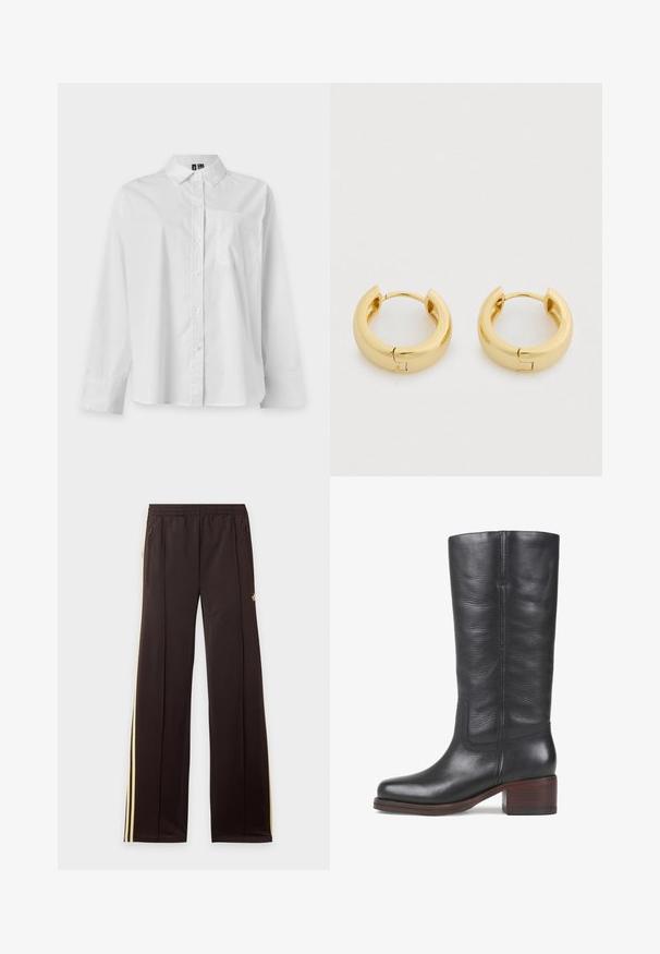 Chemise blanche à manches longues, boutonnée, avec col et poche poitrine, présentée sur un fond clair uni.; Pantalon de survêtement noir avec des bandes latérales jaunes, taille élastique, poches latérales zippées et un petit logo sur la partie supérieure de la cuisse.; Botte noire en cuir, arrivant au genou, avec une texture lisse, un bout carré et un talon en bois empilé. Présente des coutures discrètes et un design de couture sur le côté.; Boucles d'oreilles créoles en or avec une finition lisse et polie, une forme circulaire et une fermeture à charnière. Le design est contemporain et minimaliste.