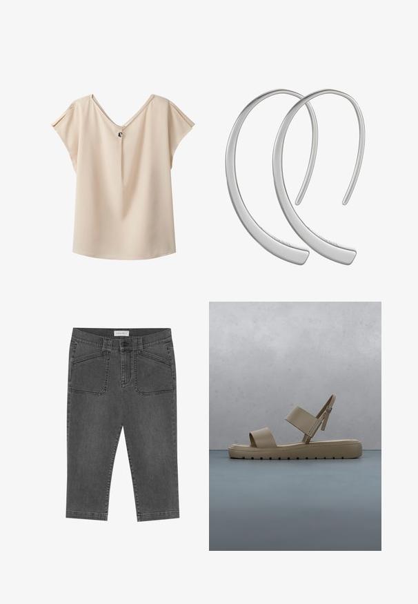 Beige blouse met korte mouwen, diepe V-hals en een enkele kleine decoratieve knoop middenvoor.; Grijze denim capri broeken met een slim fit ontwerp, voorzien van voorzakken, een knoopsluiting en een licht versleten textuur.; Bruine Calvin Klein sandaal met verstelbare enkelband boven houten tegelvloer zwevend, buitenomgeving met vervaagde groene planten en muur op de achtergrond.; Zilveren metalen oorbellen in de vorm van een gladde, glanzende, gebogen halve maan, met een minimalistisch ontwerp en zonder zichtbare patronen.