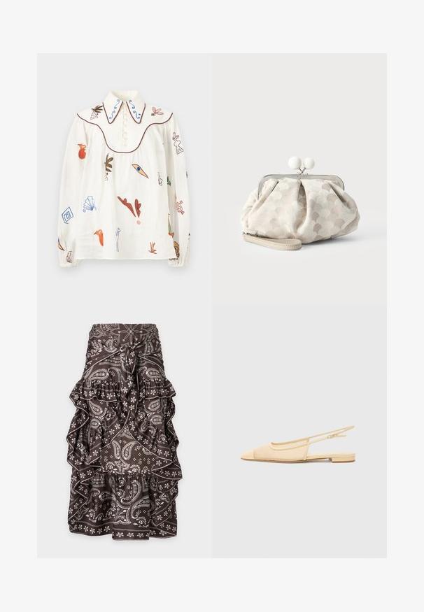Blouse blanche à manches longues avec des motifs abstraits et botaniques brodés, grand col pointu avec des tourbillons bleus, et fermeture à boutons à l'avant.; Jupe marron avec motifs paisley et floraux blancs, volants superposés et nœud à l'avant à la taille.; Chaussure plate slingback en beige clair avec une tige en maille, un bout pointu et un petit talon. Dotée d'une sangle ajustable pour un bon maintien.; Petit sac pochette beige avec tissu texturé à pois, cadre argenté, fermoir rond blanc et bracelet de poignet amovible sur fond uni.