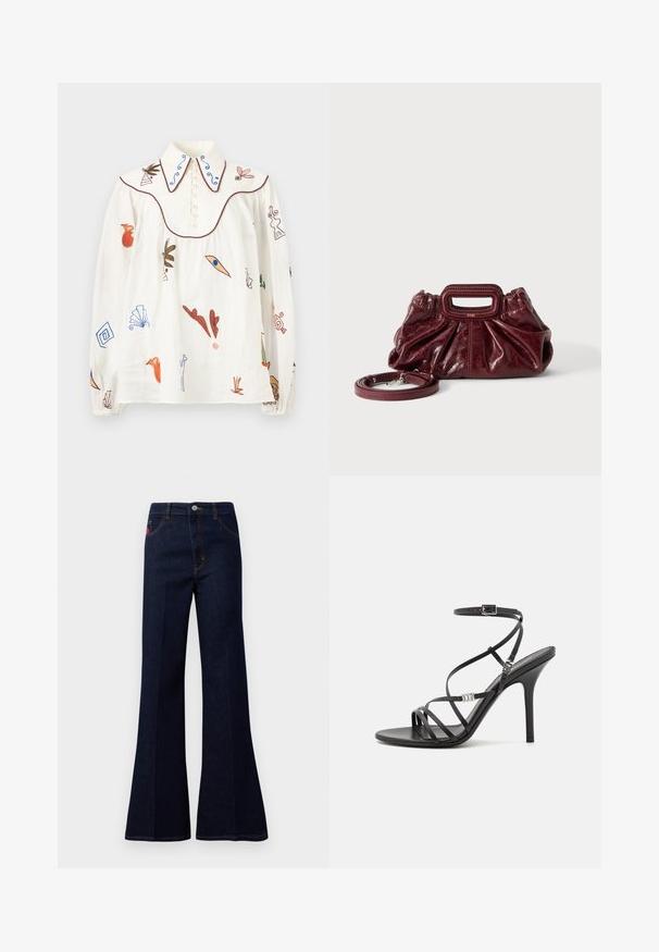 Blusa blanca de manga larga con diseños abstractos y botánicos bordados, gran cuello puntiagudo con remolinos azules y cierre de botones en la parte delantera.; Jeans acampanados de tiro alto en azul oscuro con botón frontal, cremallera, bolsillos laterales y traseros, y costuras en contraste.; Sándalo negro de tacón alto con tiras finas, hebilla en el tobillo, superficie de cuero suave y tacón de aguja esbelto.; Pequeño bolso de mano de cuero rojo oscuro con textura fruncida, asa rectangular con recorte para la mano y correa de hombro desmontable sobre fondo blanco.