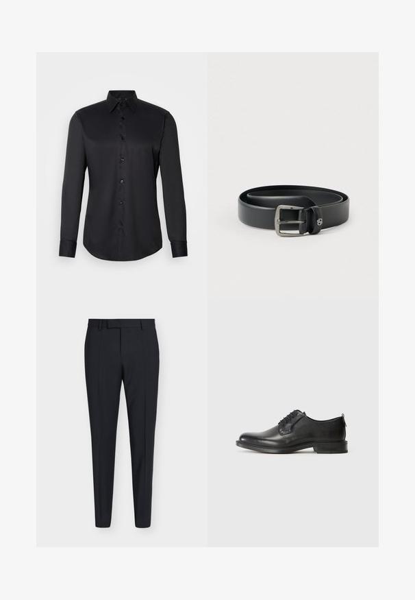 Chemise noire à manches longues en tissu lisse, dotée d'un col classique et d'une fermeture à boutons sur le devant.; Pantalon formel noir slim fit avec passants de ceinture, fermeture éclair à l'avant et plis marqués, présenté sur un fond clair uni.; Chaussure de ville pour homme en cuir noir à lacets, avec un petit talon et une finition lisse, présentée en profil latéral sur un fond clair et uni.; Ceinture en cuir noir avec une boucle en métal argenté brillante, texture lisse et bords cousus. Dispose d'une boucle pour fixer l'extrémité de la ceinture.