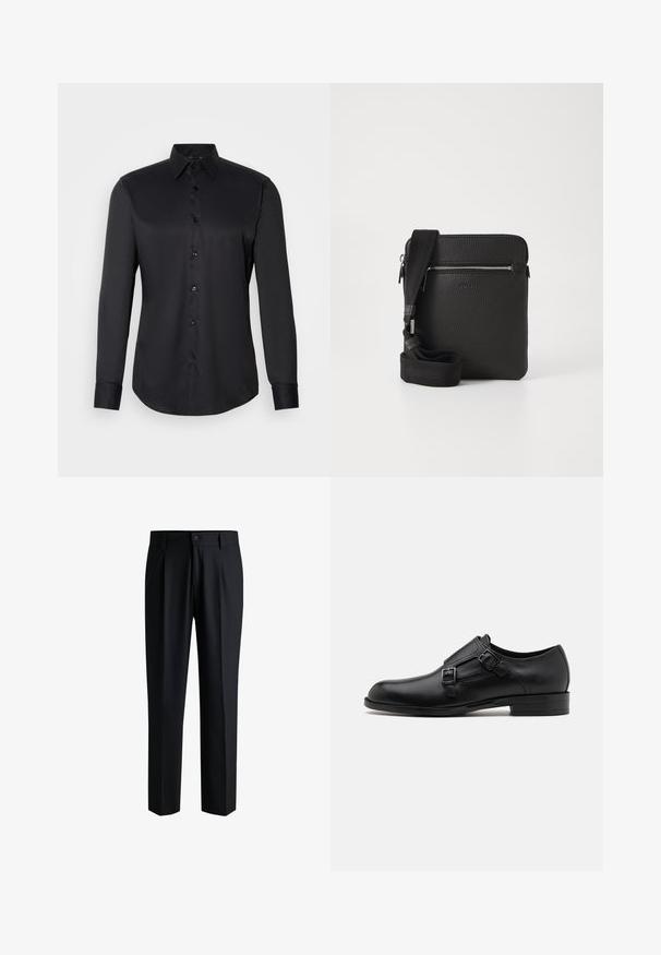 Chemise noire à manches longues en tissu lisse, dotée d'un col classique et d'une fermeture à boutons sur le devant.; Pantalons noirs en tissu lisse, avec une coupe droite, des plis à l'avant et une fermeture à bouton avec passants de ceinture.; Chaussure habillée en cuir noir avec double boucle, silhouette élégante et bout rond. Dispose d'un petit talon et d'une texture lisse.; Sac à bandoulière en cuir noir avec une surface texturée, poche avant zippée et une sangle en tissu réglable. Design simple et carré.
