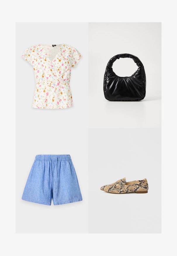 Blusa blanca de manga corta con estampado floral en rosa, naranja y azul y escote en V sobre un fondo claro y liso.; Pantalones cortos de color azul claro fabricados en algodón con rayas blancas verticales. Presentan una cinturilla elástica y un ajuste suelto y relajado.; Zapato plano de punta puntiaguda en beige con estampado de serpiente negro. Presenta un detalle de lazo en la parte delantera y una suela baja de color marrón. Textura suave.; Bolso negro acolchado con un asa redondeada, que presenta una superficie lisa y brillante y una textura suave y acolchada. Sin herrajes ni acentos visibles.