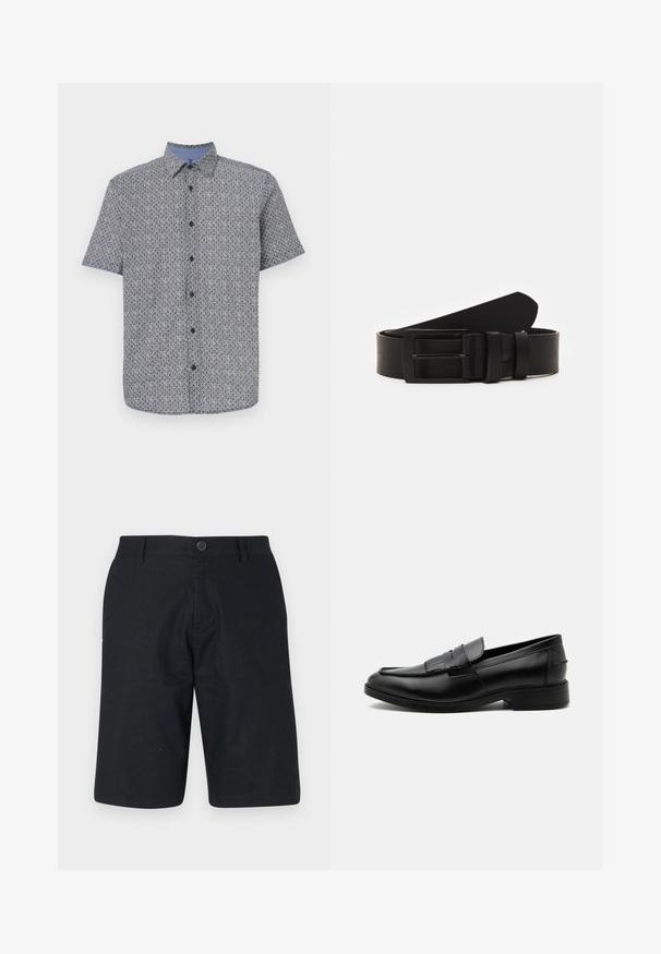 Korte mouw shirt in marineblauw en wit met een geometrisch patroon, knoopsluiting aan de voorkant en contrasterende lichtblauwe kraag en manchetten. Lichte stof.; Zwarte shorts gemaakt van lichtgewicht stof, met een rechte snit, enkele knoopsluiting en een schone zoom zonder zichtbare patronen.; Zwarte leren herensloffen met kwastdetail, afgeronde neus, lage hak en glad gepolijst oppervlak, zij-aanzicht op een witte achtergrond.; Zwarte leren riem gerold met een matte zwarte rechthoekige metalen gesp en twee riemlussen op een witte achtergrond.