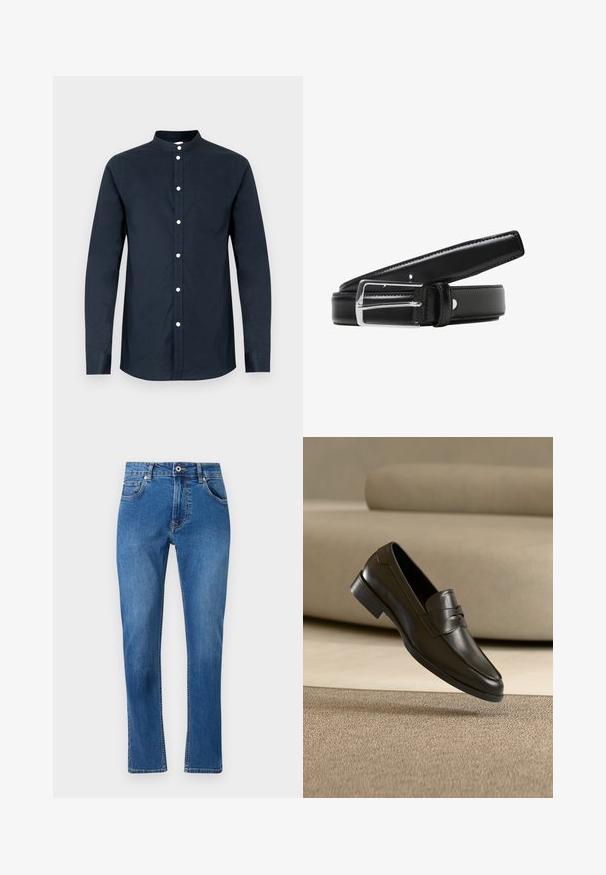 Chemise pour homme à manches longues de couleur bleu marine foncé, en coton, avec col mao, boutons sur le devant et une poche poitrine gauche. Texture lisse.; Jean en denim bleu avec une coupe droite, cinq poches et des détails de couture visibles. Le matériau présente un léger délavage. Style classique.; Mocassin en cuir noir flottant au-dessus d'un tapis beige avec un canapé beige en arrière-plan, mettant en valeur le design classique pour hommes sans lacets.; Ceinture en cuir noir dotée d'une boucle en métal argenté brilliante, texture lisse et plusieurs trous d'ajustement le long de la sangle.