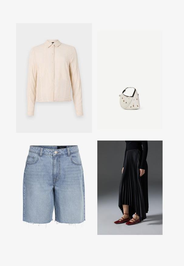 Langærmet, cremet skjorte med krave, der har et tekstureret stof og dekorative blonder langs forsiden ogærmerne.; Lysblå denimshorts med høj talje, fem lommer, frayed kant og klassisk knaplukning. Fremstillet af blødt, struktureret stof.; Sort plisseret nederdel med en høj-lav kant, parret med glansfulde røde flade sko med en remdesign. Stoffet har en glat overflade.; Lille hvid håndtaske med brune pletter, afrundet trekantet form, sort indvendig foring og kort justerbar rem med sølvspænde.