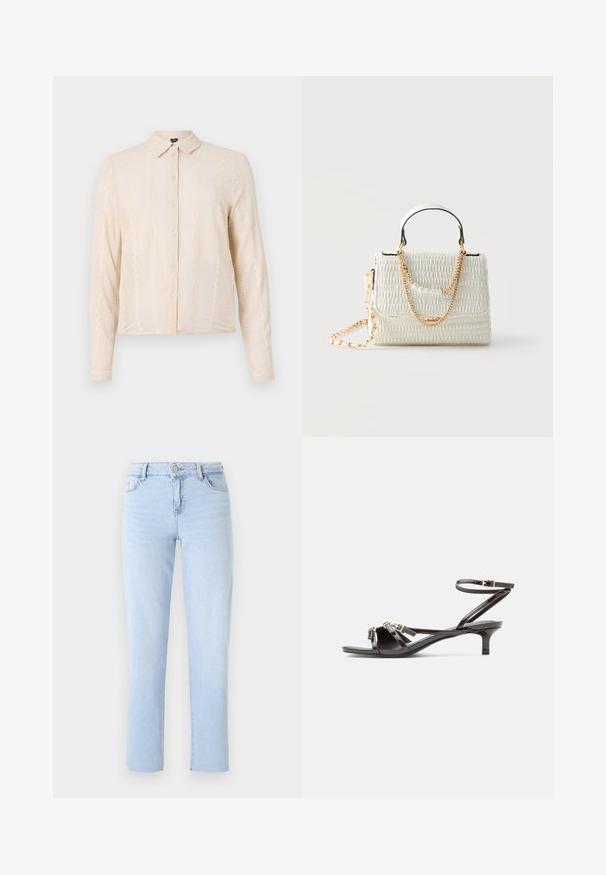 Langærmet, cremet skjorte med krave, der har et tekstureret stof og dekorative blonder langs forsiden ogærmerne.; Lyseblå lige ben jeans lavet af denim, med en standard talje, fem lommer og subtile sømdetaljer.; Sort sandaler i laklæder med tynde stropper, lille kitten-hæl og justerbar ankelspænde.; Hvid tekstureret taske med sort kant, guldkæde og perledetalje, kort hank og aftagelig guldkæde til skulderrem.