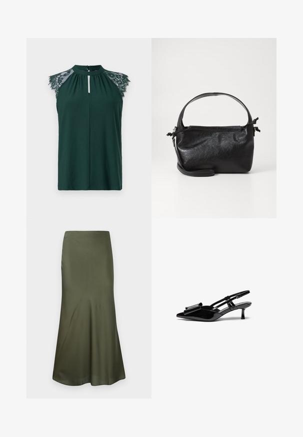 Dunkelgrüne ärmellose Bluse mit Spitze an den Schultern und einer kleinen Knopfleiste vorne. Einfaches und elegantes Design.; Olivgrüne, figurbetonte Midi-Rock aus Satin, mit schwingendem Saum, vor einem weißen Hintergrund präsentiert.; Schwarze Lackleder-Slingbacks mit spitzer Zehenpartie, einer Schleifendetail an der Vorderseite und einem kleinen Stiletto-Absatz. Die Riemen haben verstellbare Schnallen.; Schwarze Lederhandtasche mit strukturiertem Design, rundem Haltegriff und abnehmbarem Schulterriemen. Sie weist eine glatte Oberfläche und einen subtilen Glanz auf.