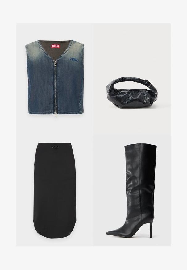 Veste en denim avec un col en V et une fermeture éclair à l'avant, avec une texture côtelée au niveau du col, et un patch logo sur le côté gauche.; Jupe crayon noire en tissu lisse. Elle présente un ourlet arrondi et un logo noir proéminent à la taille. Design simple, sans motifs.; Botte en cuir noire montante, avec un bout pointu et un talon fin, sur un fond blanc uni.; Sac noir en matériau texturé et brillant avec une poignée circulaire torsadée et une fermeture éclair. Présente un design doux et froissé.