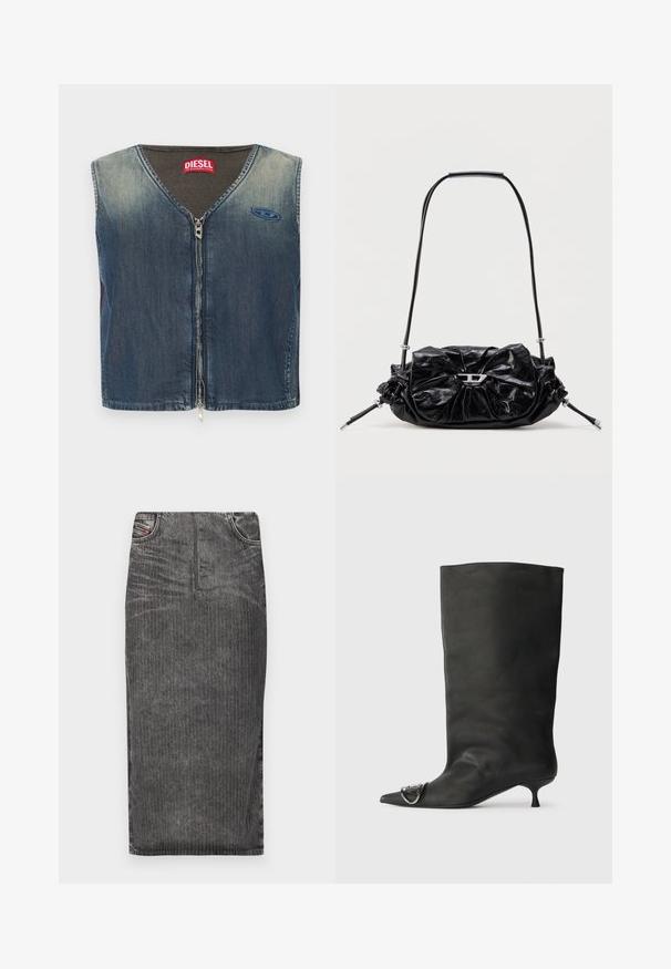 Spijkerjas zonder mouwen met V-hals en ritssluiting aan de voorkant, met een geribbelde textuur bij de kraag en een logo patch aan de linkerkant.; Grijze denim midi-rok met verticale streepjes, voorzien van een hoge taille, vijf-pocket ontwerp en een nette zoom.; Zwarte leren enkelboot met een spitse neus, een kleine hak en metalen accentdetails op de neus. Gladde, matte textuur overal.; Zwarte leren handtas met een geplooid design en een strikdetail aan de voorkant. Voorzien van een korte handgreep en zilverkleurige metalen accenten.