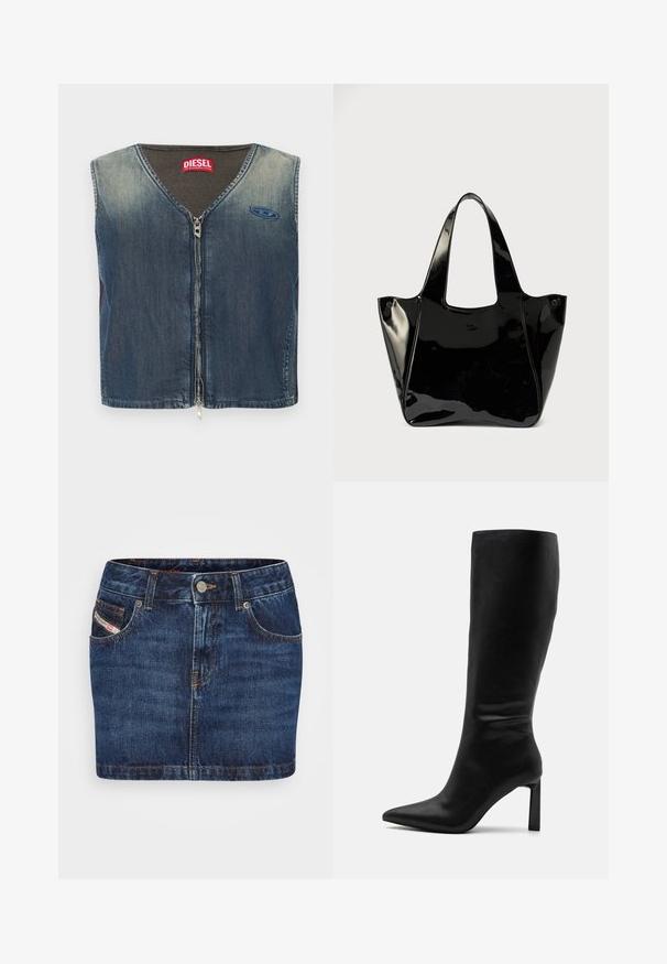 Veste en denim avec un col en V et une fermeture éclair à l'avant, avec une texture côtelée au niveau du col, et un patch logo sur le côté gauche.; Jupe en denim bleu foncé avec une coupe ajustée, cinq poches et des coutures orange. Inclut un système de fermeture à bouton métallique à la taille.; Even&Odd by Zalando Bottes - black; Sac cabas en cuir verni noir brillant avec de larges anses et un petit logo ovale sur le devant, présenté sur un fond uni.