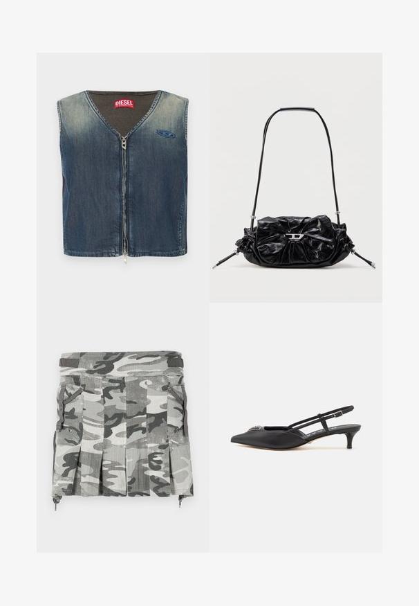 Veste en denim avec un col en V et une fermeture éclair à l'avant, avec une texture côtelée au niveau du col, et un patch logo sur le côté gauche.; Jupe à motif camouflage dans des nuances de gris et de noir, avec des plis, deux poches latérales et une fermeture éclair à l'ourlet.; Chaussures noires à talon slingback avec un bout pointu, en matériau lisse, dotées d'un petit talon et d'un accent décoratif en argent sur le dessus.; Sac à main en cuir noir avec un design froncé et un détail en forme de nœud sur le devant. Dispose d'une poignée courte et d'accents de quincaillerie argentée.