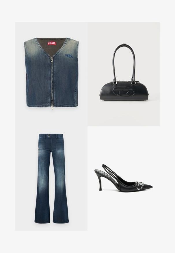 Jeansweste mit V-Ausschnitt und Reißverschluss vorne, mit einem gerippten Texturmuster am Kragen und einem Logoaufnäher auf der linken Seite.; Ausgestellte dunkelblaue Jeans mit verwaschenem Design, zwei Fronttaschen, zwei Gesäßtaschen und Knopfverschluss mit leichtem Glanz.; Schwarze Slingback-Pumps mit spitzem Vorderteil, ausgestattet mit einem glänzenden silbernen Schnallendetail und einem schlanken Absatz. Glattes Lederoberfläche, minimalistische Gestaltung.; Schwarze Lederhandtasche mit langen doppelten Griffen und geprägtem ovalem Logo auf der Vorderseite, vor einem schlichten hellen Hintergrund gezeigt.