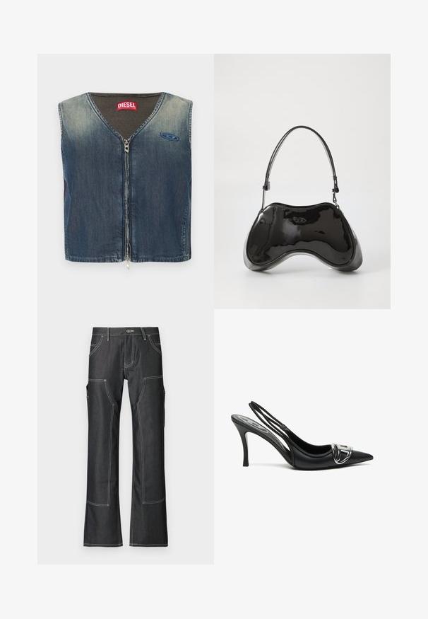 Denimvest med V-hals og lynlås foran, med ribbet tekstur ved kraven og en logoemblem på venstre side.; Mørke denim cargo bukser med hvid kontrastsyning, der har flere lommer og en nederdel design med vidde. Holdbart materiale og metalknaplukning.; Sorte slingback højhælede sko med spids tå, der har en skinnende sølvspænde detalje og en slank hæl. Glat lædertekstur, minimalistisk design.; Sort patentlæder håndtaske med en unik buet form, kort justerbar hank og en lynlåslukning i toppen. Glat tekstur med diskret branding.