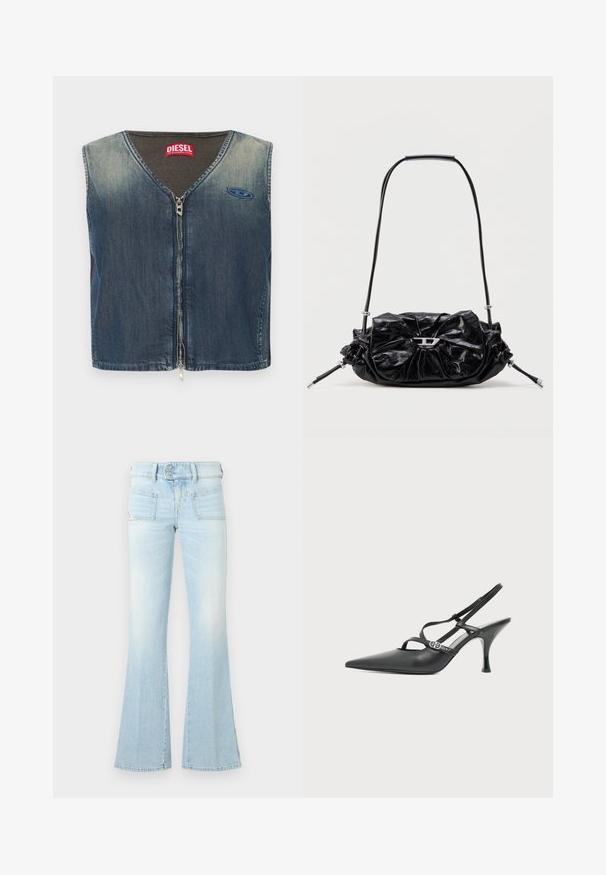 Denimvest med V-hals og lynlås foran, med ribbet tekstur ved kraven og en logoemblem på venstre side.; Lyseblå flagrende jeans i falmet denim med to forlommer, en lukket talje og kontrastsyede detaljer. Glat tekstur.; Sort læder højhælet slingback sko med spids tå, tynde stropper og en lille sølv spænde på en ensfarvet hvid baggrund.; Sort læderhåndtaske med et opsamlet design og sløjfedetalje foran. Har en kort hank og sølvfarvede hardware-accenter.