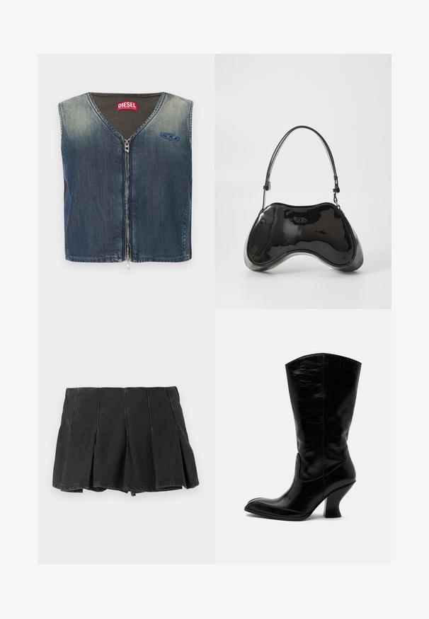 Denim vest with a V-neck and front zipper, featuring a ribbed texture at the collar, and a logo patch on the left side.; Black pleated mini skirt with visible seam details, made of denim fabric, shown against a plain light background.; Black mid-calf leather boot with a curved block heel and slightly pointed toe, showing creased texture and seam details.; Black patent leather handbag with a unique curved shape, short adjustable handle, and a zippered top. Smooth texture with subtle branding.