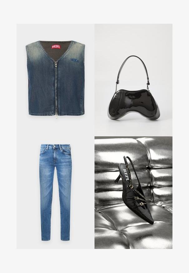 Spijkerjas zonder mouwen met V-hals en ritssluiting aan de voorkant, met een geribbelde textuur bij de kraag en een logo patch aan de linkerkant.; Lichtblauwe denim jeans met een slim fit. Kenmerken zijn een knoopsluiting, vijf zakken en een gewassen textuur op de dijen.; Zwarte slingback schoen met een spitse neus, krokodillenstructuur, gouden studs en gespaccenten, geplaatst tegen een glanzende zilveren achtergrond.; Zwarte gepatenteerde leren handtas met een unieke gebogen vorm, korte verstelbare handgreep en een ritsopening. Glad uiterlijk met subtiele branding.