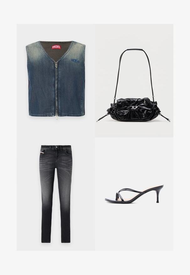 Jeansweste mit V-Ausschnitt und Reißverschluss vorne, mit einem gerippten Texturmuster am Kragen und einem Logoaufnäher auf der linken Seite.; Dunkelgraue Slim-Fit-Jeans aus Denim. Mit einem ausgebleichten Finish, standardmäßigem Fünf-Taschen-Design und Frontknopfverschluss.; Schwarze Peeptoe-Sandale aus Lackleder mit dünnen, gekreuzten Riemen und einem schlanken, mittelhohen Stilettoabsatz vor weißem Hintergrund.; Schwarze Lederhandtasche mit gerafftem Design und Schleifendetail auf der Vorderseite. Verfügt über einen kurzen Griff und silberne Hardware-Akzente.