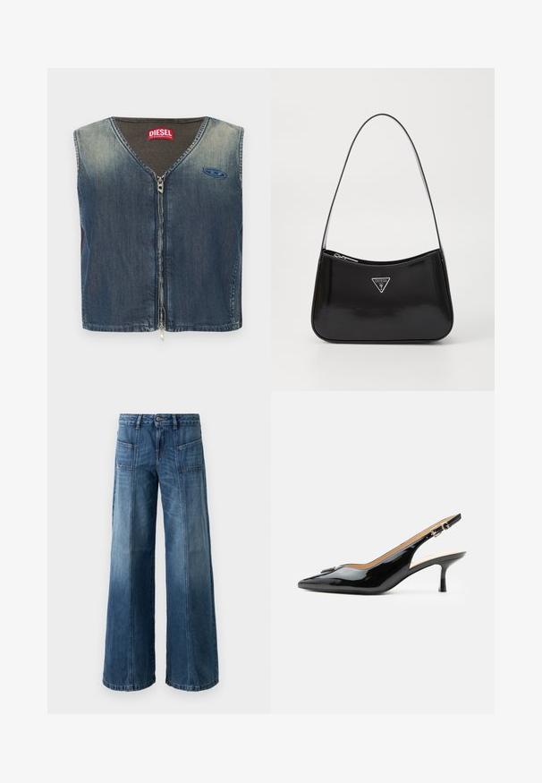 Spijkerjas zonder mouwen met V-hals en ritssluiting aan de voorkant, met een geribbelde textuur bij de kraag en een logo patch aan de linkerkant.; Wijd been jeans in een vervaagde blauwe denim. Voorzien van vijf zakken, een knoop- en ritssluiting, met zichtbare stiksels en een losse pasvorm.; Zwarte lakleren slingback hak met spitse neus, kleine kittenhak en zilveren gespsluiting op een effen witte achtergrond.; Zwarte lakleren schoudertas met een gebogen vorm, voorzien van een zilveren driehoeklogo en een ritssluiting. Gladde textuur en slanke schouderband.