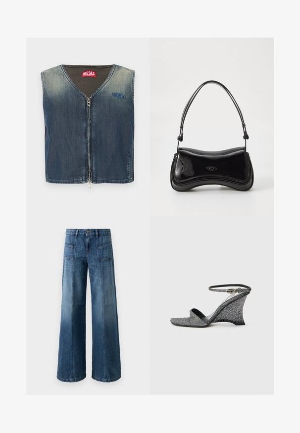 Spijkerjas zonder mouwen met V-hals en ritssluiting aan de voorkant, met een geribbelde textuur bij de kraag en een logo patch aan de linkerkant.; Wijd been jeans in een vervaagde blauwe denim. Voorzien van vijf zakken, een knoop- en ritssluiting, met zichtbare stiksels en een losse pasvorm.; Zilveren glitter sleehak sandaal met open teen, enkelbandje en gouden gesp, zijaanzicht tegen een effen lichte achtergrond.; Zwarte laarzen van patentleer met een gebogen vorm, een enkele handgreep en een ronde bodem. Beschikt over een subtiele logodetail aan de voorkant.