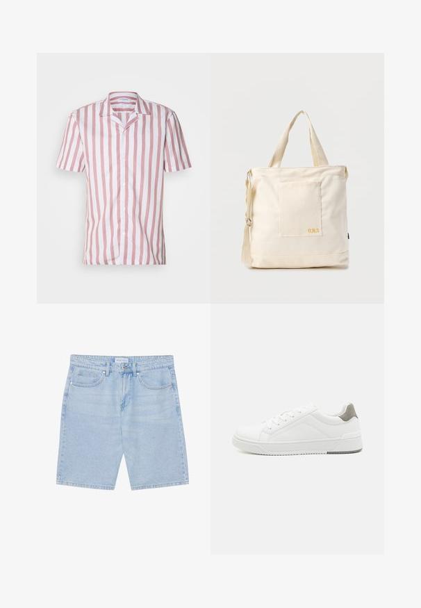 Korte mouwen shirt in roze en witte verticale strepen, gemaakt van lichtgewicht stof, met een kraag en een knoopsluiting aan de voorkant.; Lichtblauwe denim shorts met een rechte pasvorm, voorzien van voorzakken, knoopsluiting en een verouderde afwerking. Klassiek vijfzakken ontwerp.; Witte sneaker van glad leer met een ronde neus, minimalistisch ontwerp, grijze hielaccent en een geplaatste rubberen zool.; Crèmekleurige canvas boodschappentas met voorvak, twee handvatten, verstelbare schouderriem en kleine gele "O.N.S" tekst rechtsonder op het vak.