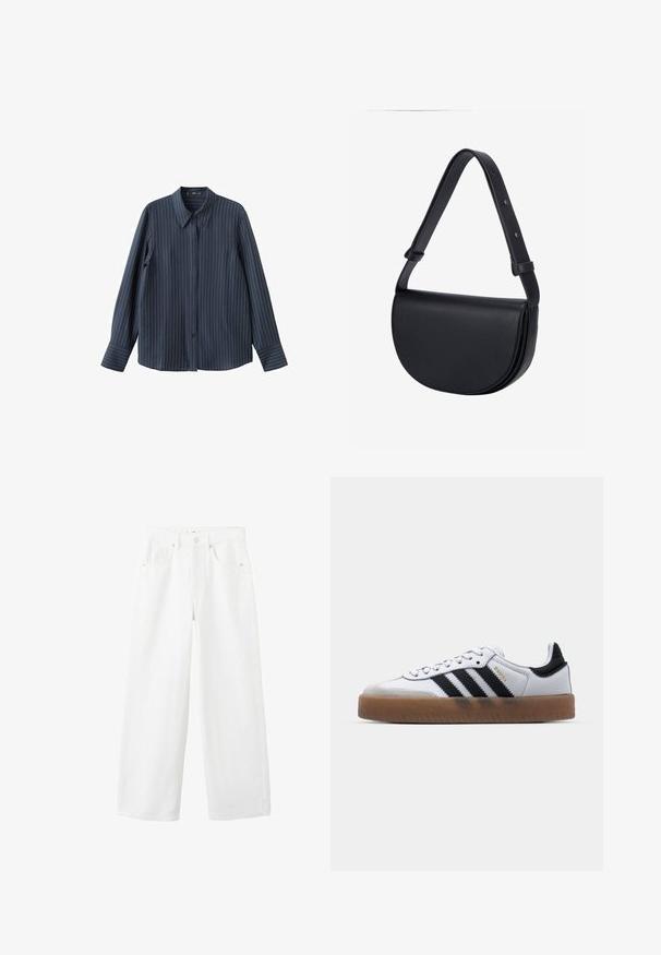 Chemise bleu marine à manches longues avec boutons sur le devant, rayures blanches verticales fines et col classique, étalée à plat avec les poignets ouverts.; Jean en denim blanc taille haute à jambe large avec bouton frontal, fermeture éclair, passants pour ceinture et conception à cinq poches sur un fond uni.; Baskets en cuir blanc avec des rayures noires, semelle extérieure en caoutchouc beige, bout rond, fermeture lacée et embout en suède gris doux.; Sac bandoulière demi-lune en cuir noir avec sangle réglable et détails de boucle argentés sur fond uni clair.