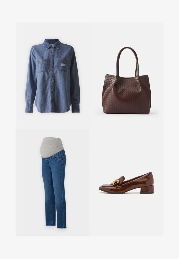Blauwe denim blouse met lange mouwen, voorzien van een button-down kraag, twee borstzakken, een klassieke pasvorm en een subtiele textuur. Etiket op de linker zak.; Zwangerschapsjeans met een rekbare grijze tailleband en lichtblauwe denim, met een rechte pijp en franjeaccenten op de zoom.; Bruine leren loafers met een glanzende afwerking, met een decoratieve gouden gesp aan de voorkant en een lage blokhak. Klassiek ontwerp.; Bruine gevlochten leren tote bag met twee handvatten, voorzien van een gestructureerde oppervlakte en een open ontwerp. Minimalistische vorm zonder extra hardware.