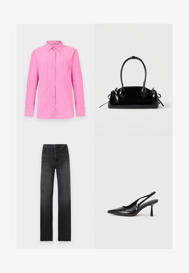 Chemise rose à manches longues avec des fines rayures blanches verticales et un col pointu sur un fond uni.; Jean noir taille haute à jambes droites avec poches avant, passants pour ceinture et détails subtils délavés sur les cuisses.; Chaussure à talon haut en cuir noir, à bride arrière, avec un bout pointu et un talon fin sur fond blanc.; Petit sac à main noir brillant avec deux longues anses et des détails à cordon sur les côtés sur un fond clair uni.