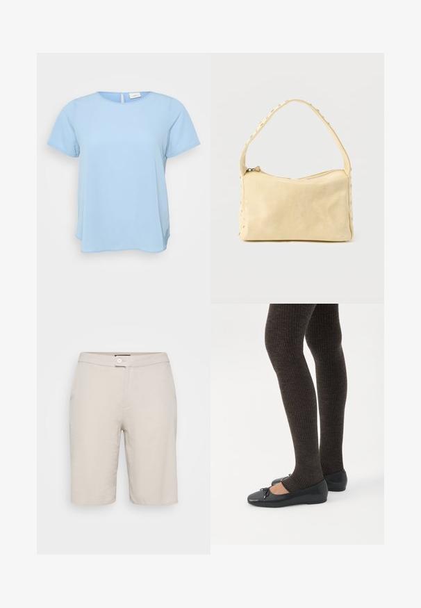 ONLY Carmakoma CARVICA LIFE - Blouse - light blue; Beige katoenen shorts met een knoopsluiting, twee zijzakken en een rechte pasvorm. Heeft een gladde textuur en een eenvoudig ontwerp.; Benen met donkere geribbelde leggings gecombineerd met zwarte ballerina's met kleine strikdetails op een witte achtergrond.; Kleine beige leren handtas met een enkele band en zilveren studs langs de randen en band, tegen een effen achtergrond.