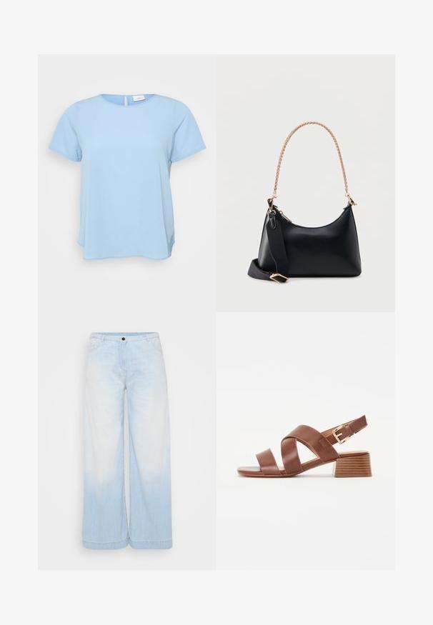ONLY Carmakoma CARVICA LIFE - Bluse - light blue; Lysblå denim brede bukser med en gradient vask, der har en knaplukning, forlommer og kontrastsyninger langs kanten.; Brune læderhælede sandaler med et krydsrem-design og en spænde-lukning, med en blokhæle og en glat, tekstureret finish.; Sort tekstureret læderhåndtaske med buet top, guld kædehåndtag, gulddetaljer og aftagelig bred sort stofskulderrem.