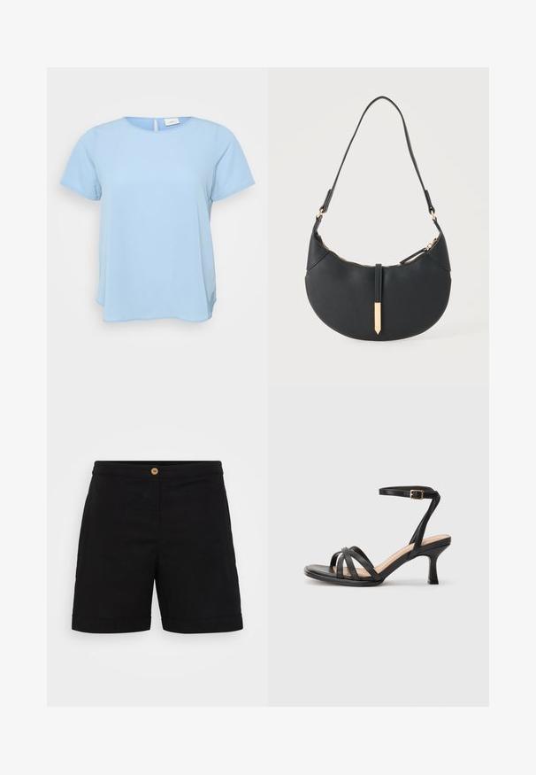 ONLY Carmakoma CARVICA LIFE - Bluse - light blue; Schwarze Leinenkurze mit einem schlanken Design, das einen einzelnen Holzknopf an der Taille und einen umgeschlagenen Saum aufweist. Sanfte Textur mit Seitentaschen.; Schwarze Absatzsandalen mit mehreren dünnen Riemen über den Zehen, einem einzelnen Knöchelriemen mit goldener Schnalle und einer quadratischen Zehenform.; Schwarze halbmondförmige Handtasche mit einem einzelnen Träger, goldenem Reißverschluss und einer goldenen rechteckigen dekorativen Lasche vorne.