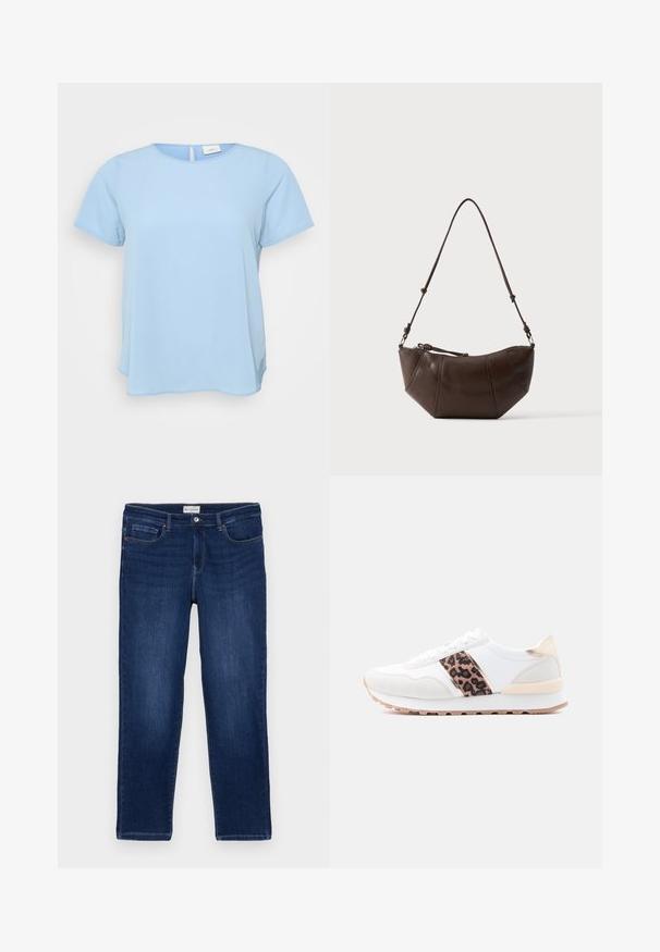 ONLY Carmakoma CARVICA LIFE - Pusero - light blue; Tummansiniset denim-farkut suoran leikkauksen, viisi-taskuisen suunnittelun, näkyvien ompelujen ja metallinappikiinnityksen kanssa vyötäröllä.; Valkoinen lenkkikenkä vaaleanharmailla yksityiskohdilla, leopardi-kuviollisella raidalla, nauhakiinnityksellä, kumipohjalla ja teksturoidulla päällisellä, joka koostuu mokka- ja nahkamateriaaleista.; Ruskea nahkainen olkalaukku, jossa on kaareva pohja ja säädettävä olkahihna, yksinkertaisen vaalean taustan edessä.