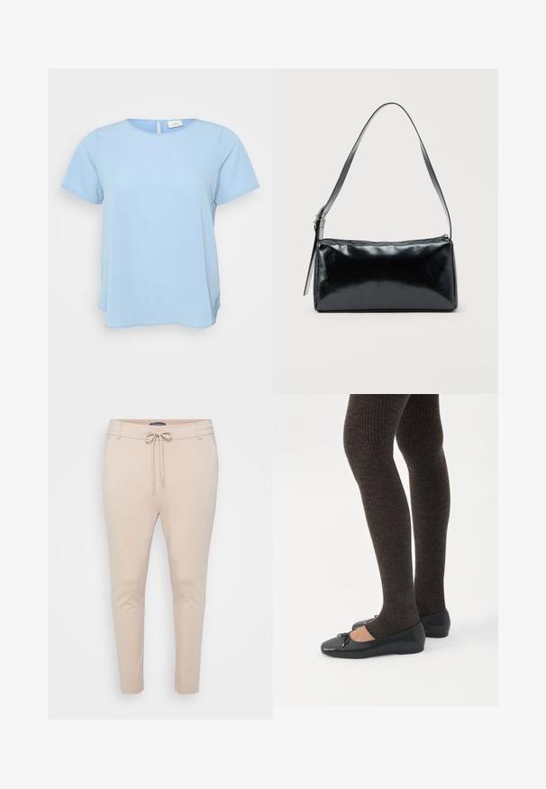 ONLY Carmakoma CARVICA S/S TOP WVN NOOS - Blúzka - light blue; Béžové ľahké jogger nohavice s nastaviteľným pásom a dvoma bočnými vreckami. Hladká textúra, zúžené nohavice a minimálne švy.; Nohy v tmavých pásikavých legínach v kombinácii s čiernymi balerínkami s malými mašličkami na bielom pozadí.; Čierna obdĺžniková kabelka na rameno s jedným nastaviteľným remienkom a horným zipsom na jednofarebnom pozadí.