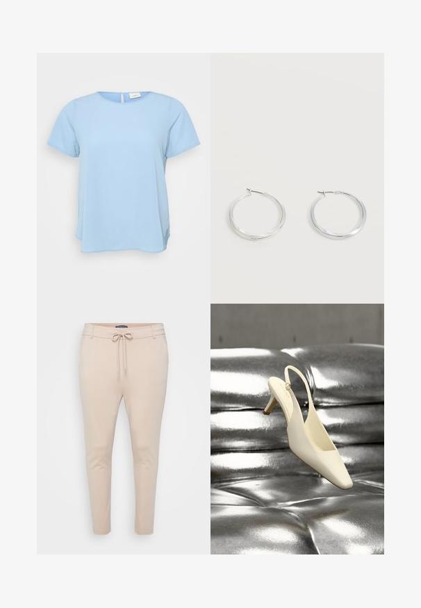 ONLY Carmakoma CARVICA LIFE - Pluus - light blue; Beežid kerged spordipüksid, millel on stringiga vöö ja kaks küljetaskut. Sile tekstuur, kitsenevad sääred ning minimaalne õmblustetail.; Kreemjas slingback-stiilis kassikandaga king ruudukujulise ninaosaga, mis toetub läikivale hõbedasele tuftitud nahkpinnale.; Hõbedased metallist rõngakujulised kõrvarõngad, millel on sile, kergelt kaarduv pind ja lukustuvad tagused kinnitused, valgel taustal.