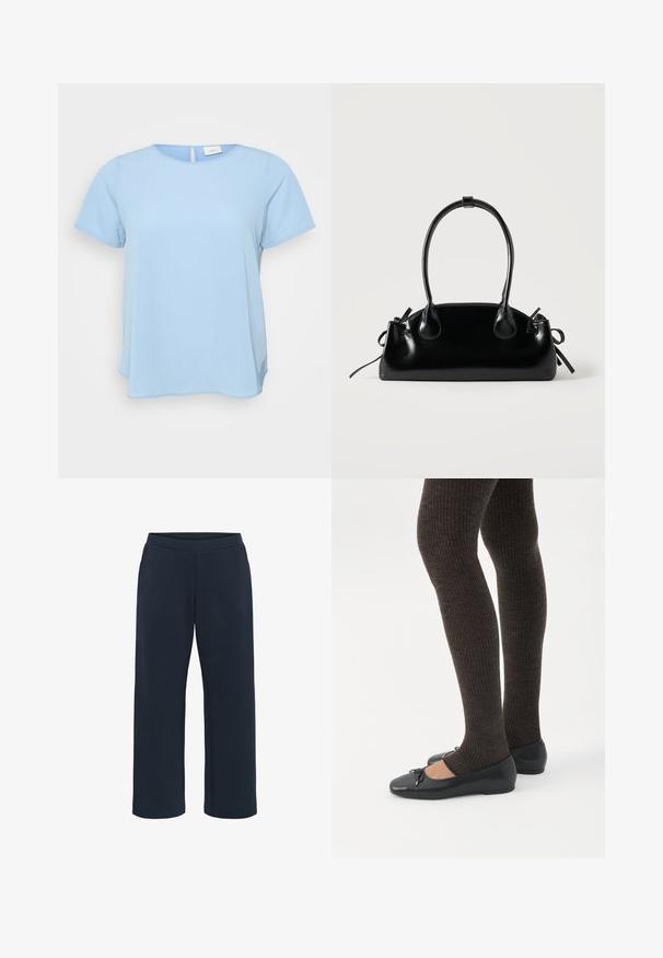 ONLY Carmakoma CARVICA S/S TOP WVN NOOS - Blouse - light blue; Pantalons en mélange de coton, coupe confortable, couleur bleu marine foncé, avec une taille élastique et des jambes droites. Sans poches ni coutures visibles.; Jambes portant des leggings côtelés foncés associés à des ballerines noires avec de petits détails en nœud sur fond blanc.; Petit sac à main noir brillant avec deux longues anses et des détails à cordon sur les côtés sur un fond clair uni.